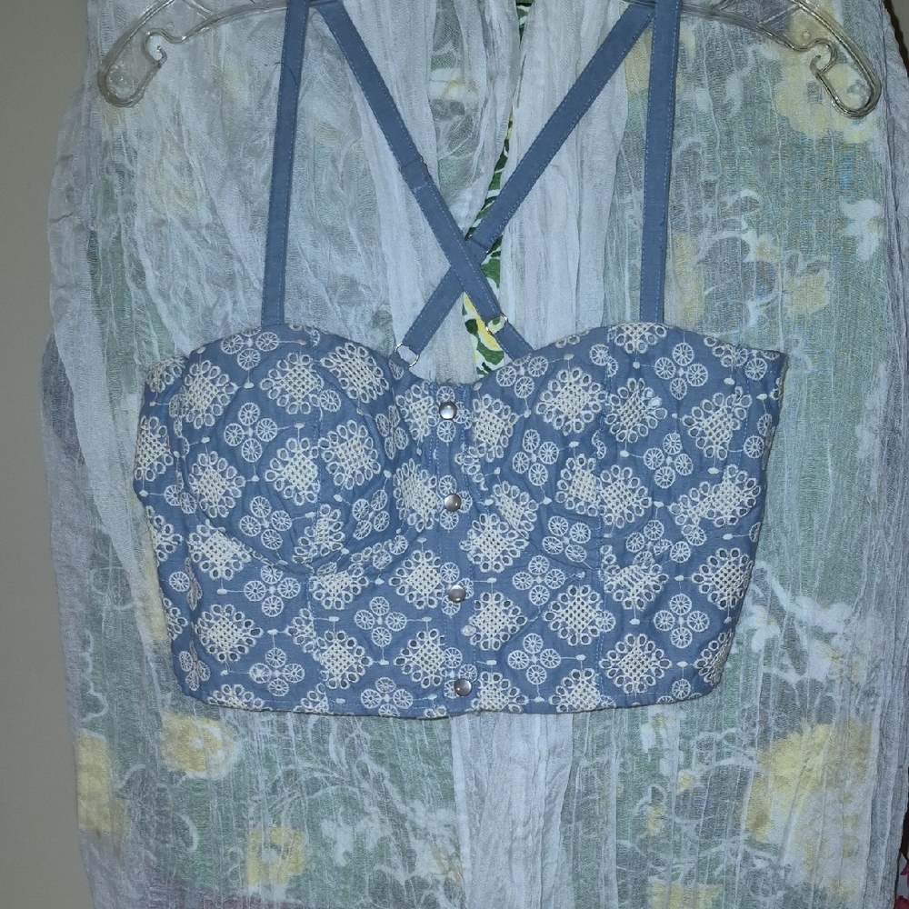 American Rag Blue Chambray  Bohemian Spaghetti Strap Cropped Top P2P:17" L:8.5"